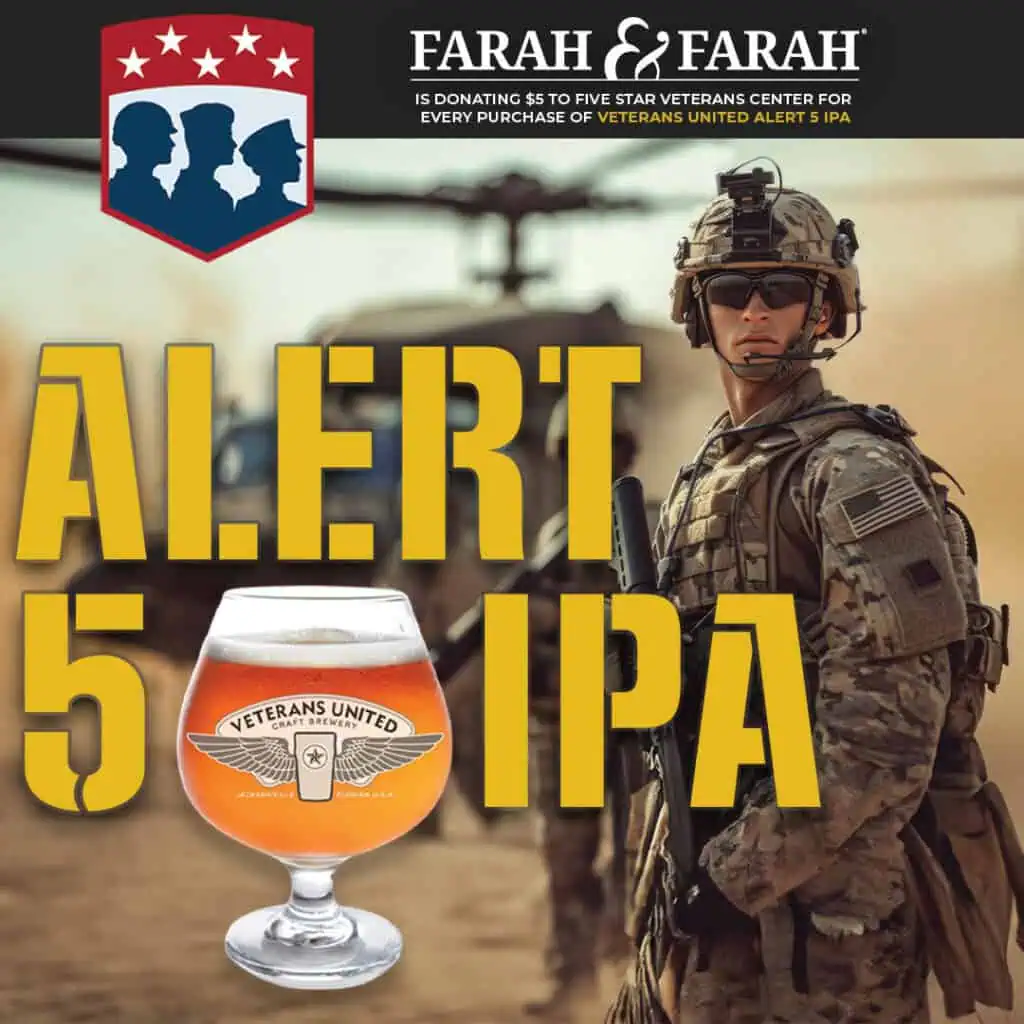 Picture of a soldier with a beer for Farah & Farah teaming up with Veterans United Craft Brewery to launch a special beer to benefit the Five Star Veterans Center in Jacksonville