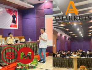 AMarkets Partnership Manager speaking to students alongside SM Academy mentors during an educational session on trading and financial literacy in Jakarta.