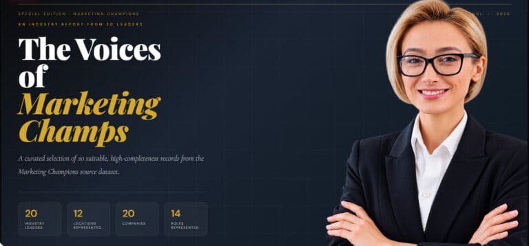 Marketing Champs Cover photo with smiling woman