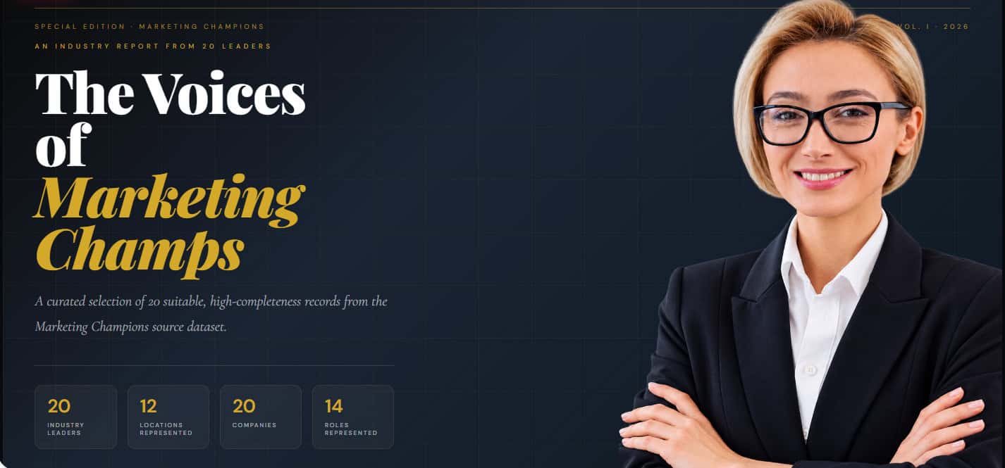 Marketing Champs Cover photo with smiling woman